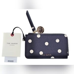 Ted Baker LuLu Navy and Cream Polka Dot Zip Faux Leather Card Holder. New!